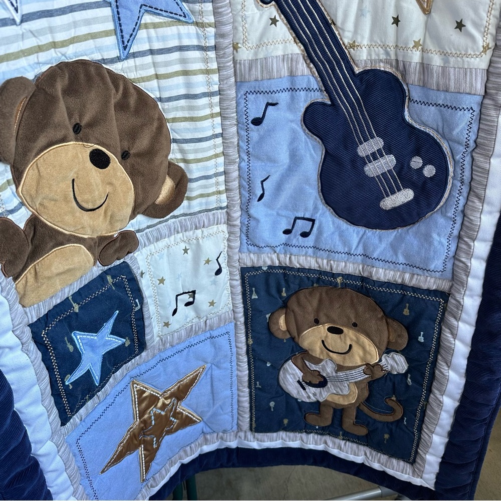 Adorable Monkey and Stars Baby Quilt - Blue and Brown - Picture 3 of 5